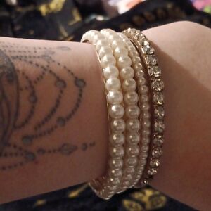 Lot of 4  Vintage Faux Pearl and Rhinestone Bangles